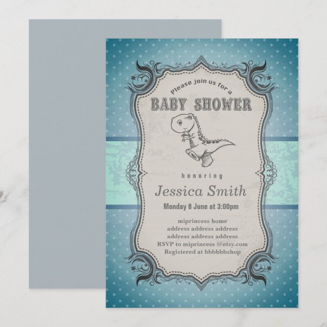 Vintage BABY SHOWER-inbjudan - dinosaur Inbjudningar (Fram/baksida)