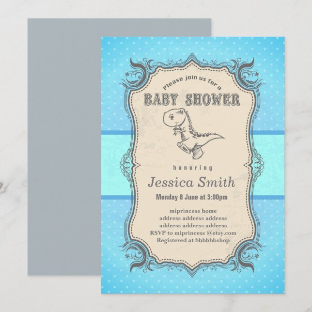 Vintage BABY SHOWER-inbjudan - dinosaur Inbjudningar (Fram/baksida)