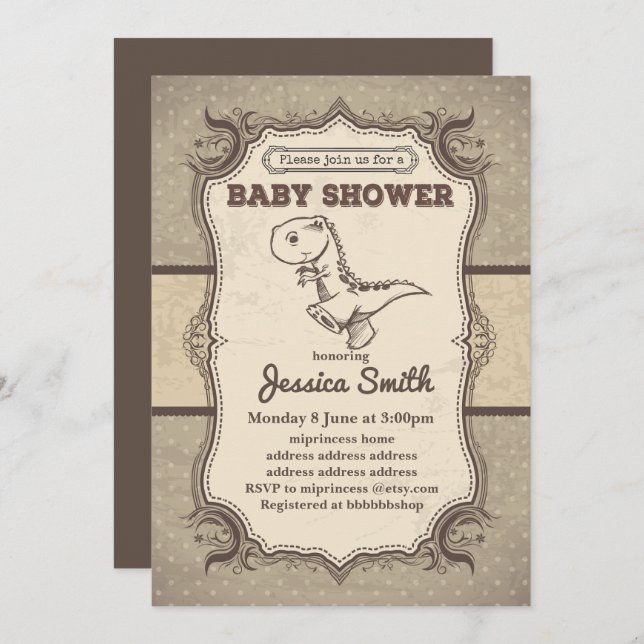 Vintage BABY SHOWER-inbjudan - dinosaur Inbjudningar (Fram/baksida)
