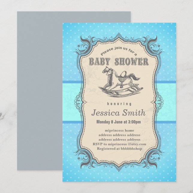 Vintage BABY SHOWER-inbjudan - Rocking Horse Inbjudningar (Fram/baksida)