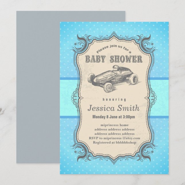 Vintage BABY SHOWER-inbjudan - tävla Inbjudningar (Fram/baksida)