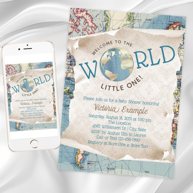 Vintage Baby Shower-inbjudningar med karta Inbjudningar (Vintage map baby shower invitation. Instant download and printed invitations available.)