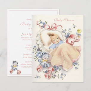 Vintage Baby Shower Rosa Elefant Blå Björn Inbjudningar