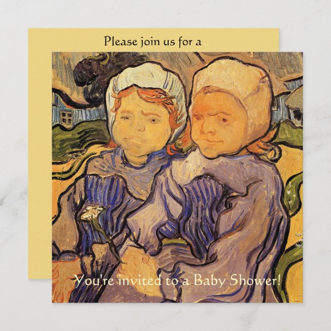 Vintage Baby Shower, Van Gogh, två barn Inbjudningar (Fram/baksida)