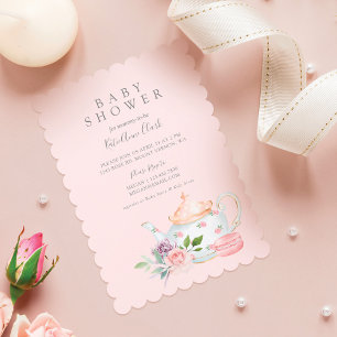 Vintage Baby Tea Party Fransk Macaron & Blommigt Inbjudningar