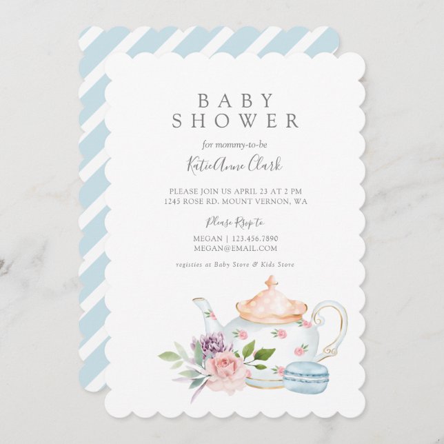 Vintage Baby Tea Party Fransk Macaron & Blommigt Inbjudningar (Fram/baksida)
