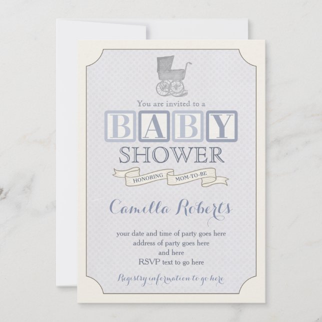 vintage, babydusch eller sprinkle inbjudan, pojke inbjudningar (Framsida)