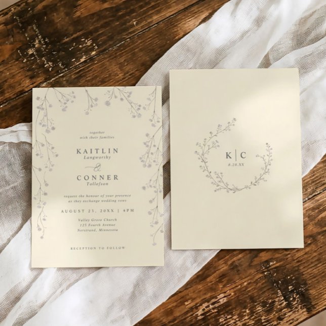 Vintage Baby's Breath Ivory Wildflower Wedding Inbjudningar (Ivory wedding invite with soft cream baby’s breath and elegant botanical monogram wreath)