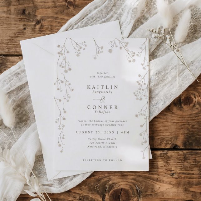 Vintage Baby's Breath Ömtåliga Vildblomma Bröllop Inbjudningar (White wedding invite with beige watercolor baby’s breath and botanical monogram wreath)