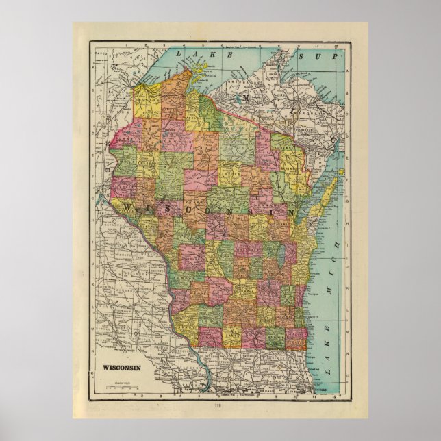 Vintage Badger State Wisconsin Karta (1909) Poster (Framsidan)