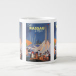 Vintage Bahamas Travel Art, Fly Nassau by Clipper Jumbo Mugg<br><div class="desc">Vintage illustration av bokaffisch från Nassau,  Bahamas med en hamnscen med segelbåtar och människor som reser på sommarsemester. Flyg till Nassau av Clipper.</div>