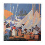 Vintage Bahamas Travel Art, Fly Nassau by Clipper Kakelplatta<br><div class="desc">Vintage illustration av bokaffisch från Nassau,  Bahamas med en hamnscen med segelbåtar och människor som reser på sommarsemester. Flyg till Nassau av Clipper.</div>