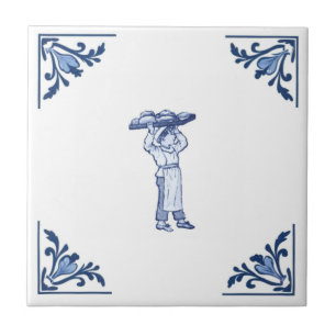 Vintage Bakery Delivery Boy Delft Blue & White Kakelplatta