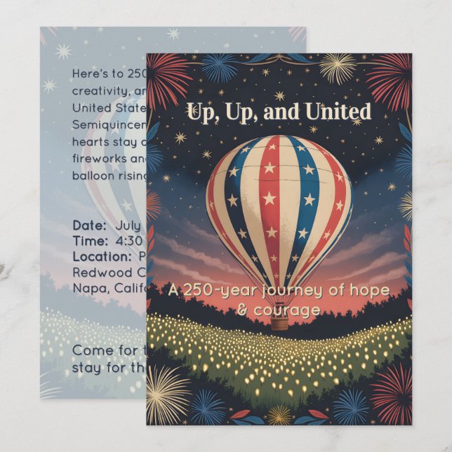 Vintage Balloon & Fireworks Celebration Invite (Fram/baksida)