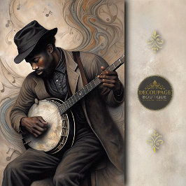 Vintage Banjo Musician w/ Swirling Notes Decoupage