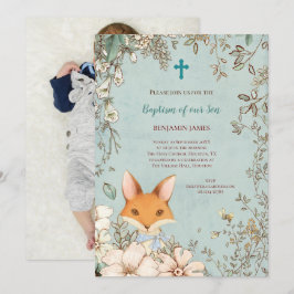 Vintage Baptism Cute Fox Photo Botanical Pojke Inbjudningar