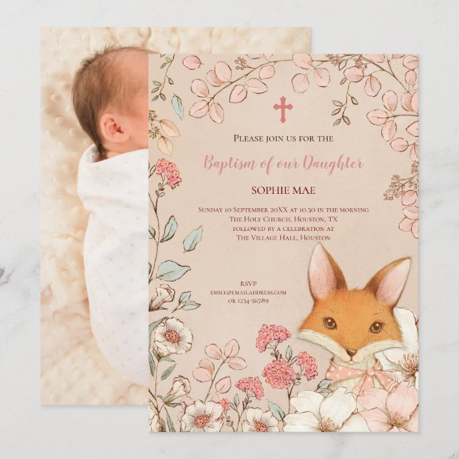 Vintage Baptism Cute Fox Photo Flowers Flicka Inbjudningar (Fram/baksida)