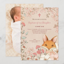 Vintage Baptism Cute Fox Photo Flowers Flicka Inbjudningar