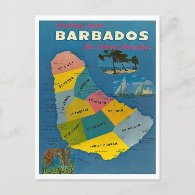 Vintage Barbados Karta Vykort (Framsida)