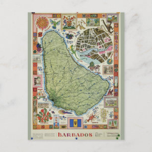 Vintage Barbados-ön Karta Vykort