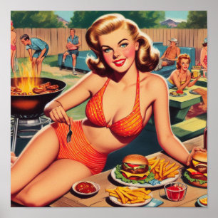 Vintage Barbecue Bikini Pin-up Poster