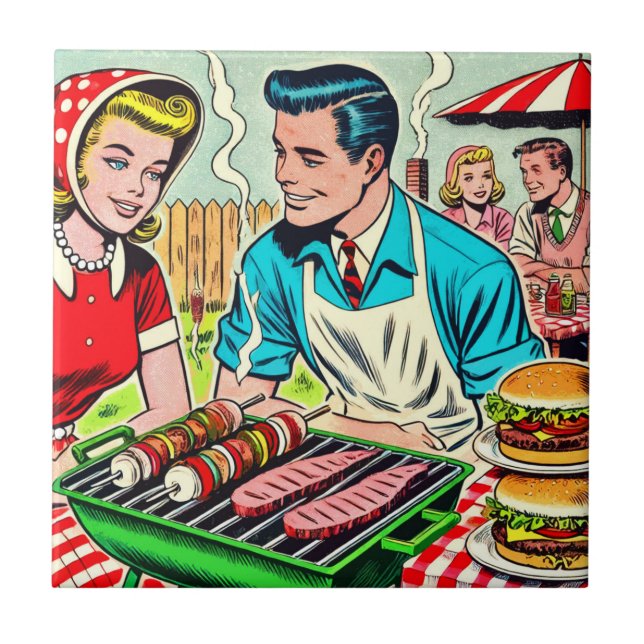 Vintage Barbecue Några Tecknader Kakelplatta (Framsidan)