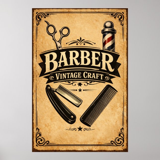 Vintage Barber Poster - Retro Haircut Tools Print (Framsidan)