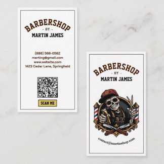 Vintage Barbershop Skull Maskot Hårstylist QR Visitkort