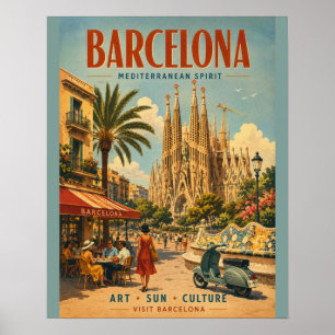 Vintage Barcelona-resemål med Medelhavet Poster