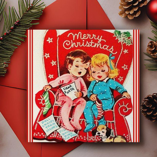 Vintage Barn Barn Barn Julen Pyntad Efter Julen (Vintage Children Awaiting Santa Custom Christmas Holiday Card. Add your name and a special message!)