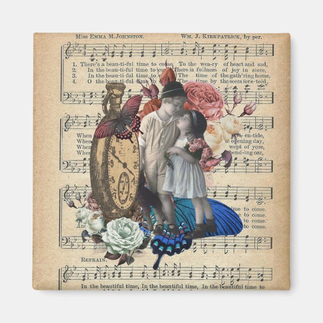 Vintage Barn & Blommigt Collage Magnet (Framsidan)