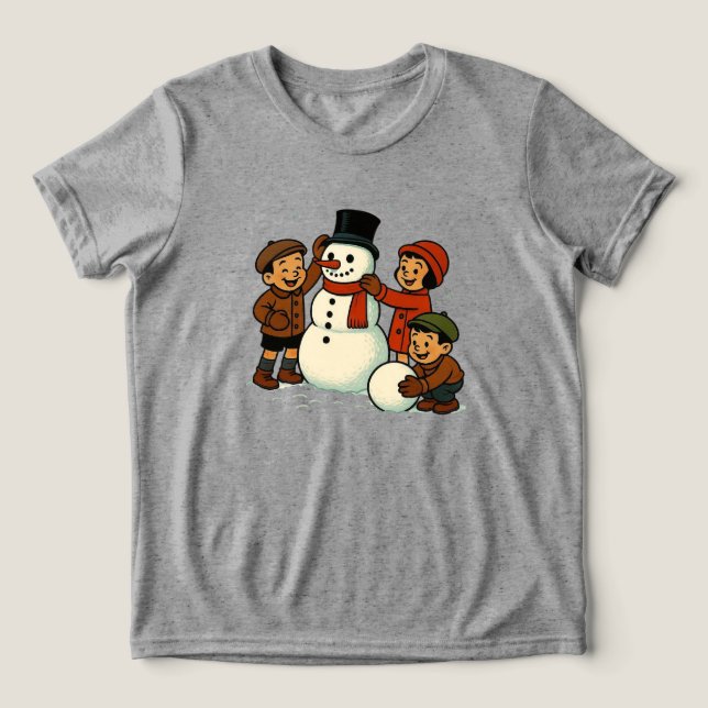 Vintage barn bygger snöman t shirt (Design Framsida)