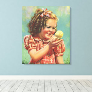 Vintage Barn, Glad Smil, Flicka med Kycklingbaby Canvastryck