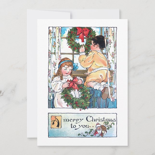 Vintage Barn i fönster/julafton Julkort (Framsida)