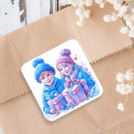 Vintage barn med blå och Rosa jul Fyrkantigt Klistermärke<br><div class="desc">Smärre vintage flicka och pojke i rosa och blå depålådor med blommigt och snöbakgrund. Tillsätt en söt eller nostalgisk vibe till dina julkort eller party-påsar!</div>