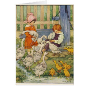 Vintage - Barn med gäss och Goslings. Hälsningskort