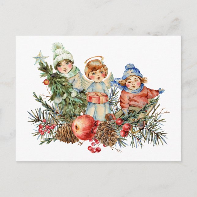 Vintage Barn och julängeln Helg Vykort (Framsida)