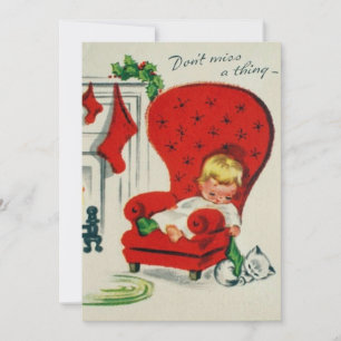 vintage Barn och katt väntar på tomte Julkort