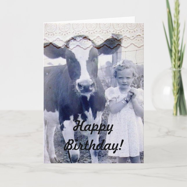 Vintage Barn och Kow Birthday CArd Kort (Framsida)