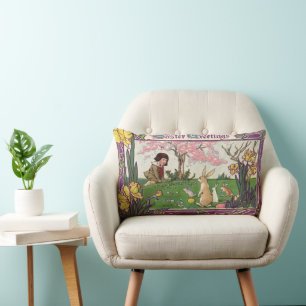 Vintage Barn på en påskäggsjakt med djur Lumbarkudde