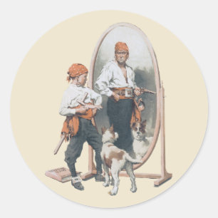 Vintage Barn, Pojat Pirat, Hund, Spegel, Sjöpirat Runt Klistermärke