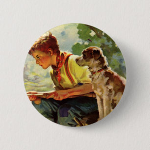 Vintage Barn, Pojke Fiske med hans Pet Hund Mutt Knapp