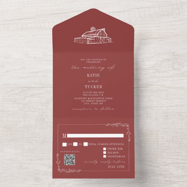 Vintage Barn Rustic Red QR OSA Farm Bröllop (Insida)