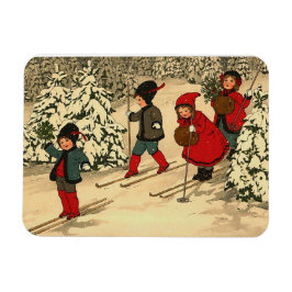 Vintage Barn Skidar Genom en Snötäckt Skog Magnet