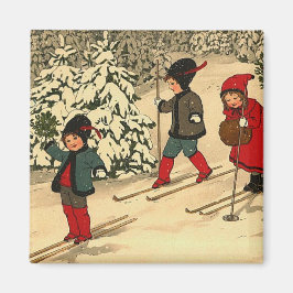 Vintage Barn Skidar Genom en Snötäckt Skog Magnet