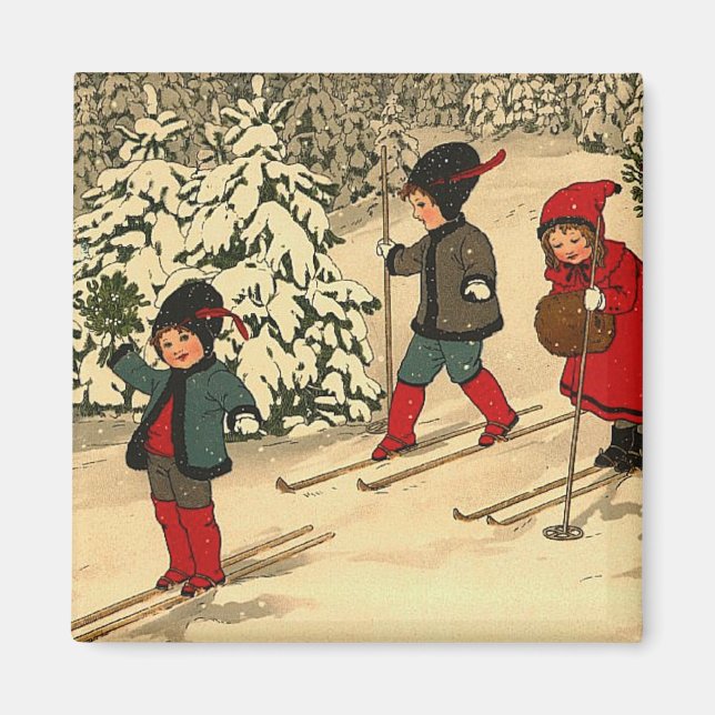 Vintage Barn Skidar Genom en Snötäckt Skog Magnet (Framsidan)