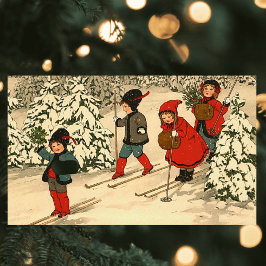 Vintage Barn Skidar Genom en Snötäckt Skog Rektangulärt Klistermärke