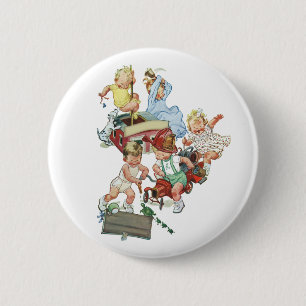 Vintage Barn Småbarn spelar med Fire Lastbilar Knapp