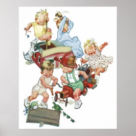 Vintage Barn Småbarn spelar med Fire Lastbilar Poster
