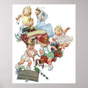 Vintage Barn Småbarn spelar med Fire Lastbilar Poster